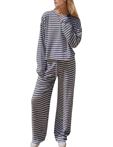 Women's Striped 2 Piece Lounge Set Casual Long Sleeve T-Shirt Drawstring Wide Leg Pants Matching Pajamas Set