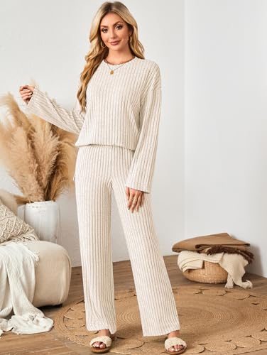 Womens Sets 2 Piece Outfits Matching Lounge Set Cozy Knit Pajamas Oversized Loungewear Fall Winter Clothes S-2XL