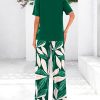 Women Summer 2 Piece Outfits 2025 Short Sleeve Knit Top Floral Print Belted Wide Leg Pant Sets With Pockets