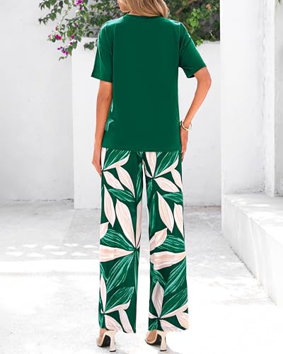 Women Summer 2 Piece Outfits 2025 Short Sleeve Knit Top Floral Print Belted Wide Leg Pant Sets With Pockets