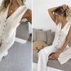 Women's 2 Piece Outfits Linen Vest Waistcoat Dressy Casual Sets Wide Leg Pants Suits