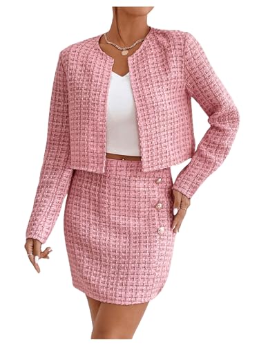 Women's 2 Piece Outfits Plaid Tweed Blazer Long Sleeve Jacket and Skirt Set