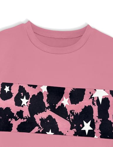 Girls Clothes Leopard Patchwork Sweatshirt Elastic Waist Sweatpants with Pockets 2PCs Girls' Clothing Sets