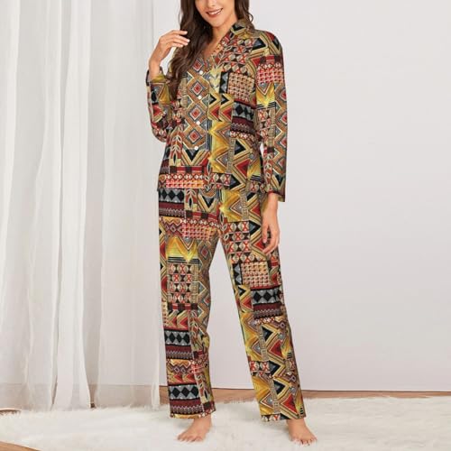 African Textile Patchwork Print Soft Button Top With Pants Fall Pajamasï¼ŒChic Women'S Long-Sleeved Pajama Set