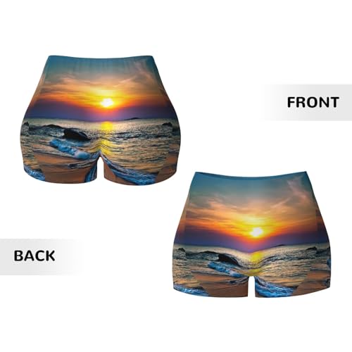 Beach and Sunset Print Women's Workout Shorts Elastic Athletic Gym Shorts Summer Seamless High-Waisted Yoga