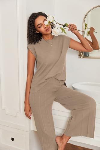 Lounge Sets for Women Two Piece Outfits Knit Cap Sleeve Tops Wide Leg Pleated Pants Casual Dressy Sweater Sets