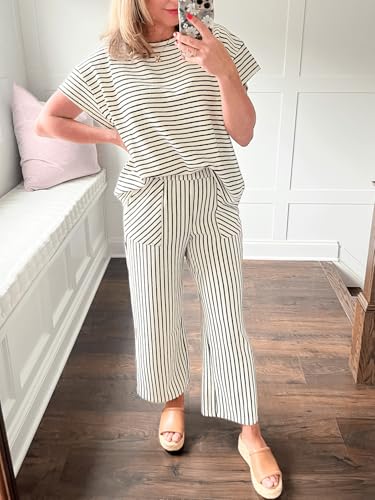 Womens Striped 2 Piece Sets Short Sleeve T Shirts Wide Leg Pants Matching Lounge Set with Pockets