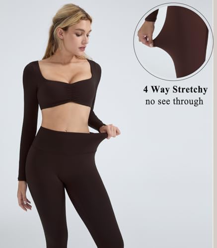 2 Piece Workout Sets for Women Long Sleeve Padded Sports Bra High Waisted Gym Outfits with Pocket