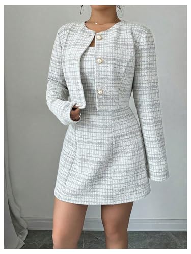 Women's 2 Piece Outfits Plaid Long Sleeve Button Down Cropped Jacket and Sleeveless Mini Dress Sets