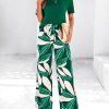 Women Summer 2 Piece Outfits 2025 Short Sleeve Knit Top Floral Print Belted Wide Leg Pant Sets With Pockets