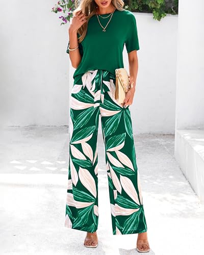 Women Summer 2 Piece Outfits 2025 Short Sleeve Knit Top Floral Print Belted Wide Leg Pant Sets With Pockets