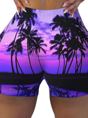 Palm Tree Purple Sunset Print Women's Workout Shorts Elastic Athletic Gym Shorts Summer Seamless High-Waisted Yoga