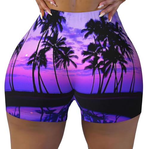 Palm Tree Purple Sunset Print Women's Workout Shorts Elastic Athletic Gym Shorts Summer Seamless High-Waisted Yoga