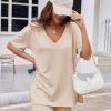 Womens Pajamas 2 Piece Lounge Sets Oversized V Neck T-Shirts Tops Biker Shorts Set Workout Reversible Tracksuit S-XXL