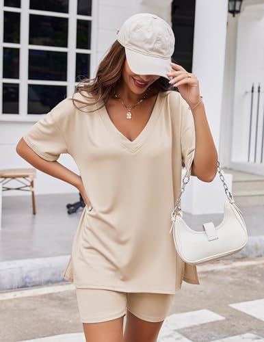 Womens Pajamas 2 Piece Lounge Sets Oversized V Neck T-Shirts Tops Biker Shorts Set Workout Reversible Tracksuit S-XXL