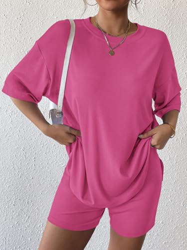 Womens 2 Piece Lounge Sets 2025 Summer Travel Outfits Casual Short Sleeve Oversized Tshirts Tops Biker Shorts