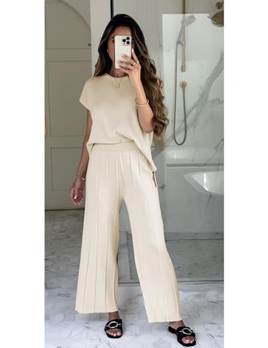 Women's 2 Piece Outfits Sweater Set Knit Pullover Tops High Waisted Pants Sweatsuits Lounge Set