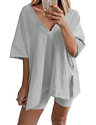 2 Piece Outfits for Women Reversible Oversized T Shirt Biker Shorts Sets Workout Tracksuit