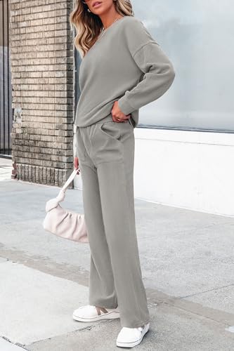 Women's 2 Piece Outfits 2024 Winter Fashion Tracksuits Long Sleeve Pullover Tops Straight Leg Pants Lounge Sets