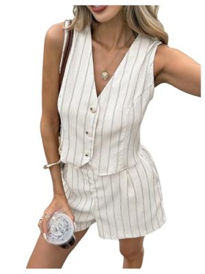 Women's Summer 2 Piece Linen Sets Striped Button Down Vest and Shorts Set
