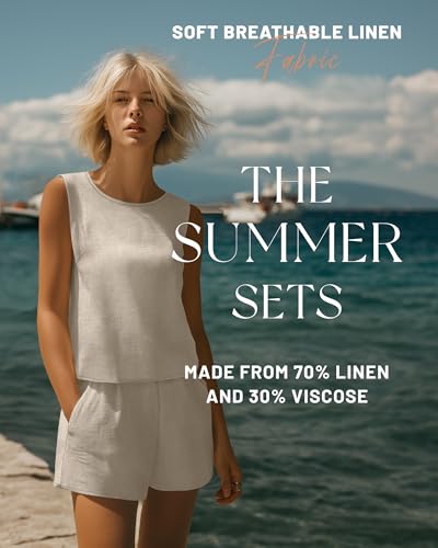 Womens 2 Piece Summer Linen Outfits Short Sets Round Neck Sleeveless Tank Top Elastic High Waisted Shorts with Pockets
