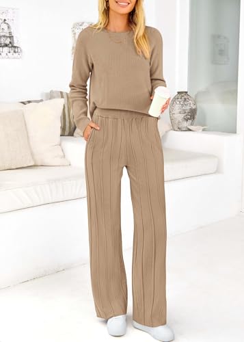Women's Fall 2 Piece Sweater Set Long Sleeve Knit Pullover Tops High Waist Pleated Wide Leg Pants Lounge Sets