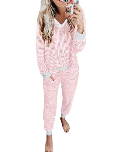 Women's Pajama Sets 2 Piece Striped Lounge Sets Long Sleeve Top and Pants Soft Sleepwear Pjs 2025 Fall Outfits