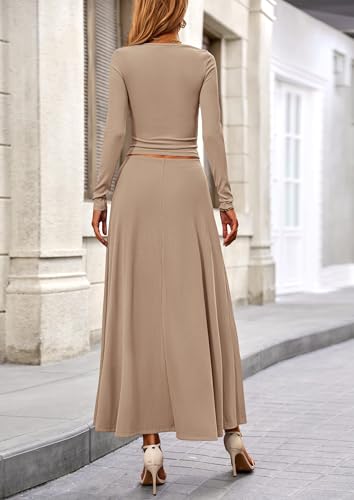 Women's Spring 2 Piece Outfits Dressy Casual Ribbed Knit Long Sleeve Crop Tops Maxi Flowy Skirts Matching Sets