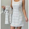 Women's 2 Piece Outfits Plaid Long Sleeve Button Down Cropped Jacket and Sleeveless Mini Dress Sets