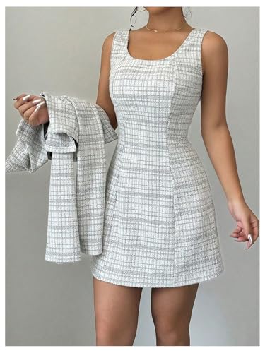 Women's 2 Piece Outfits Plaid Long Sleeve Button Down Cropped Jacket and Sleeveless Mini Dress Sets