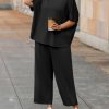 Women's Plus Size 2 Piece Outfits 3/4 Batwing Sleeve Capelet Crew Neck Pullover Top Wide Leg Pants Lounge Set