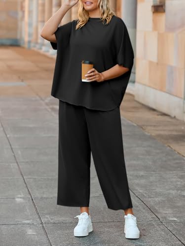 Women's Plus Size 2 Piece Outfits 3/4 Batwing Sleeve Capelet Crew Neck Pullover Top Wide Leg Pants Lounge Set