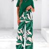 Women Summer 2 Piece Outfits 2025 Short Sleeve Knit Top Floral Print Belted Wide Leg Pant Sets With Pockets