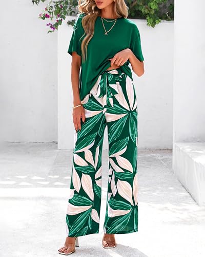Women Summer 2 Piece Outfits 2025 Short Sleeve Knit Top Floral Print Belted Wide Leg Pant Sets With Pockets