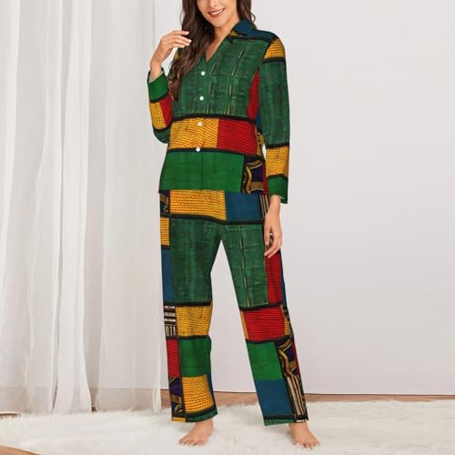 African Style Patchwork Print Soft Button Top With Pants Fall Pajamasï¼ŒChic Women'S Long-Sleeved Pajama Set
