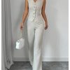 Women's 2 Piece Outfits V Neck Button Down Vest Tops and High Waisted Pants Set Office Work Suit