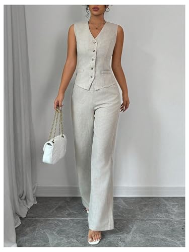 Women's 2 Piece Outfits V Neck Button Down Vest Tops and High Waisted Pants Set Office Work Suit
