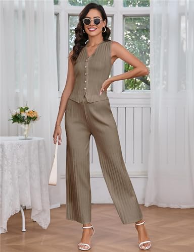 Women Suiting 2 Piece Outfits Knit Set Sleeveless Button Down Vest Wide Leg Pants Lounge Sets