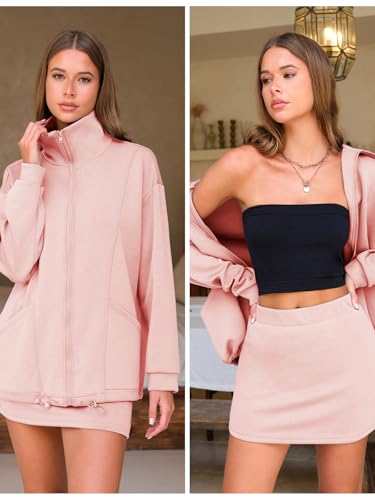 EXLURA Womens 2 Piece Sets Workout Zip Up Sweatshirts Matching Skort Skirt Sweatsuits Sweat Set Fall Tracksuit Pockets 2025