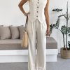 Women's 2 Piece Outfits Linen Vest Waistcoat Dressy Casual Sets Wide Leg Pants Suits