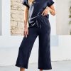 Women's 2 Piece Outfits Sweatsuit Casual Lapel Collar Short Sleeve Tops Drawstring Wide Leg Pant Lounge Sets