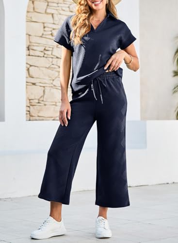 Women's 2 Piece Outfits Sweatsuit Casual Lapel Collar Short Sleeve Tops Drawstring Wide Leg Pant Lounge Sets