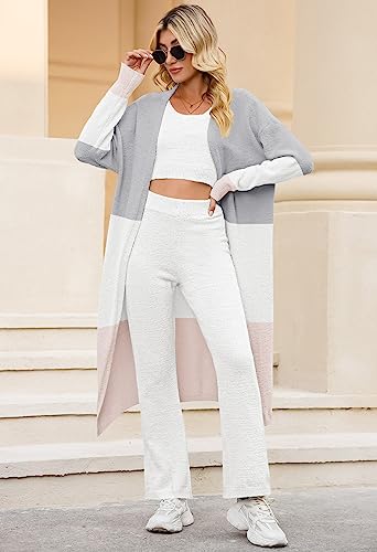 Women's Fuzzy 3 Piece Lounge Sets Sweatsuits Open Front Cardigan Crop Tank Tops Wide Legs Pants Outfits