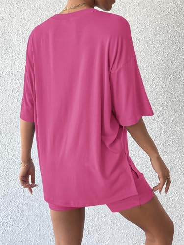 Womens 2 Piece Lounge Sets 2025 Summer Travel Outfits Casual Short Sleeve Oversized Tshirts Tops Biker Shorts