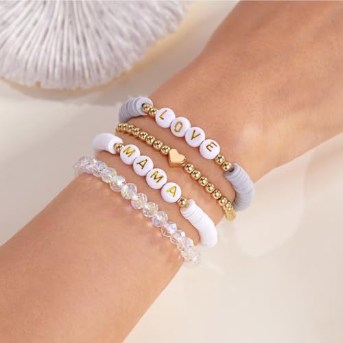 Mama Bracelets for Women Multilayer Polymer Clay Heishi Beaded Stackable Bracelets Set Boho Summer Beach Jewelry Mother's Day