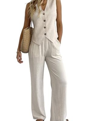 Women's 2 Piece Outfits Linen Vest Waistcoat Dressy Casual Sets Wide Leg Pants Suits