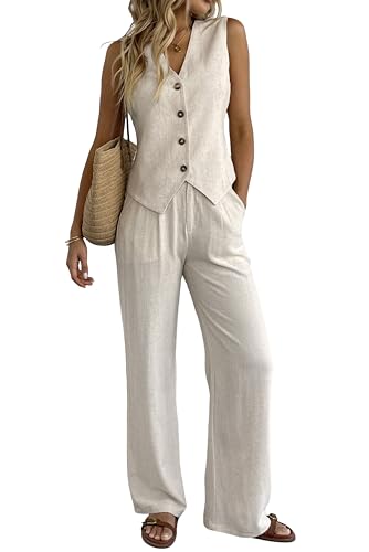 Women's 2 Piece Outfits Linen Vest Waistcoat Dressy Casual Sets Wide Leg Pants Suits