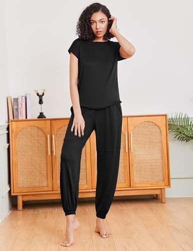 Pajamas for women 2 Piece Lounge Set Cap Sleeve Sleepwear Joggers Pants Pjs with Pockets S-XXL