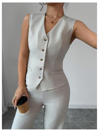 Women's 2 Piece Outfits V Neck Button Down Vest Tops and High Waisted Pants Set Office Work Suit