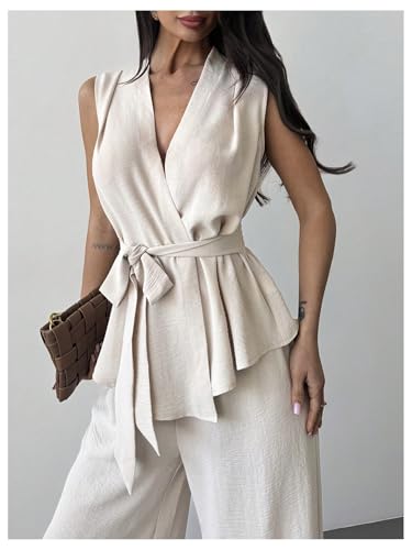 Women's Suit Pants Set 2 Piece Summer Outfit Wrap V Neck Belted Top and Pants Business Casual Clothes
